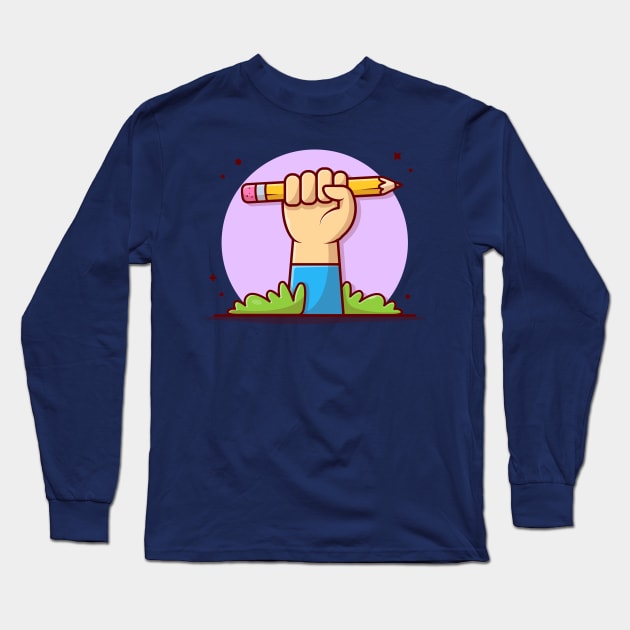 Cute Hand With Pencil Cartoon Vector Icon Illustration Long Sleeve T-Shirt by Catalyst Labs